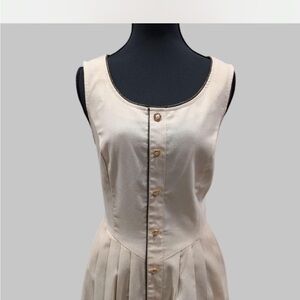 SOLD****** Elegant Cream and Tan Pleated Sleeveless Midi Dress with Button Front